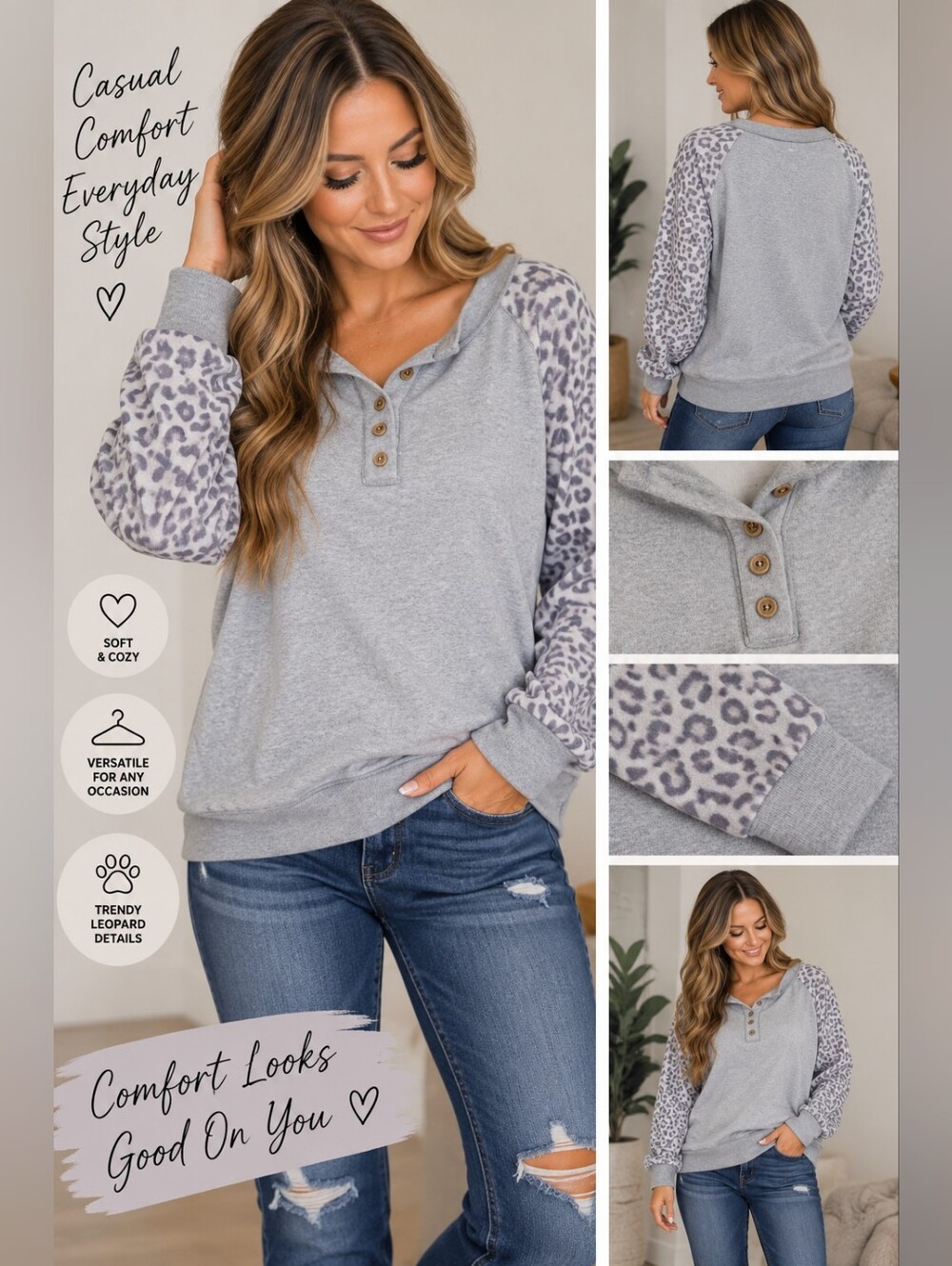 Bibi Women's XL grey animal print long sleeve sweater #30
